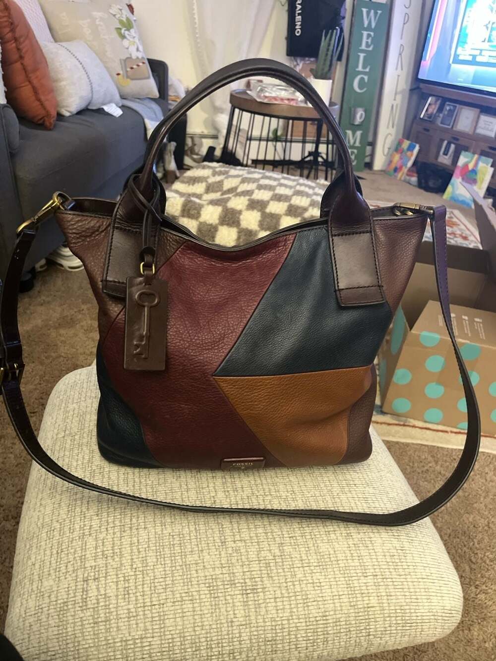 Fossil Rachel Patchwork Leather Satchel Crossbody Bag